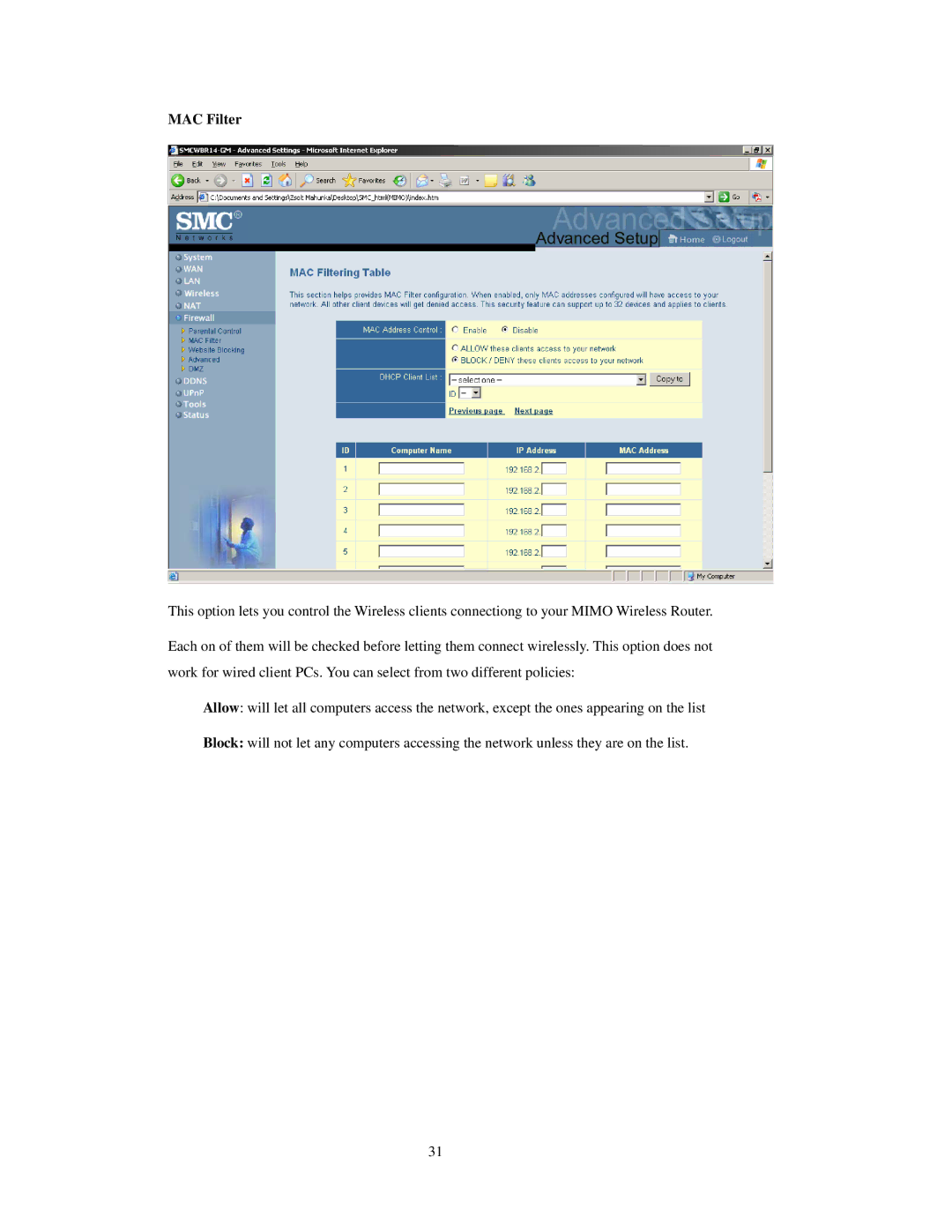 SMC Networks SMCWBR 14-GM manual MAC Filter 