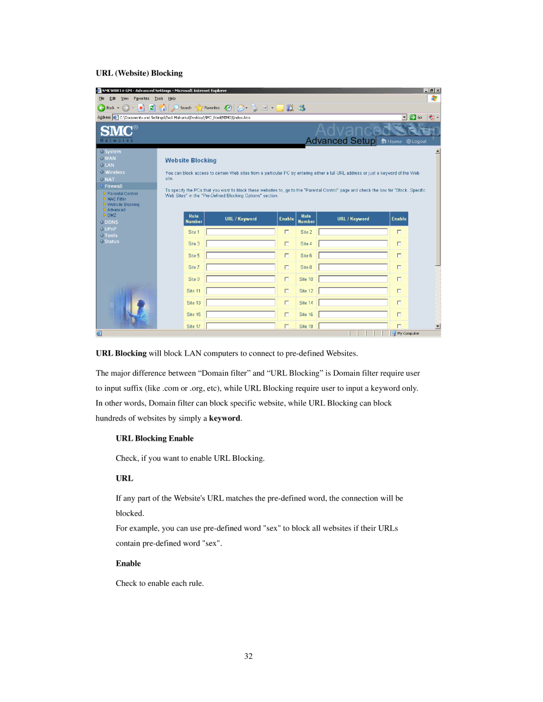 SMC Networks SMCWBR 14-GM manual URL Website Blocking, URL Blocking Enable 