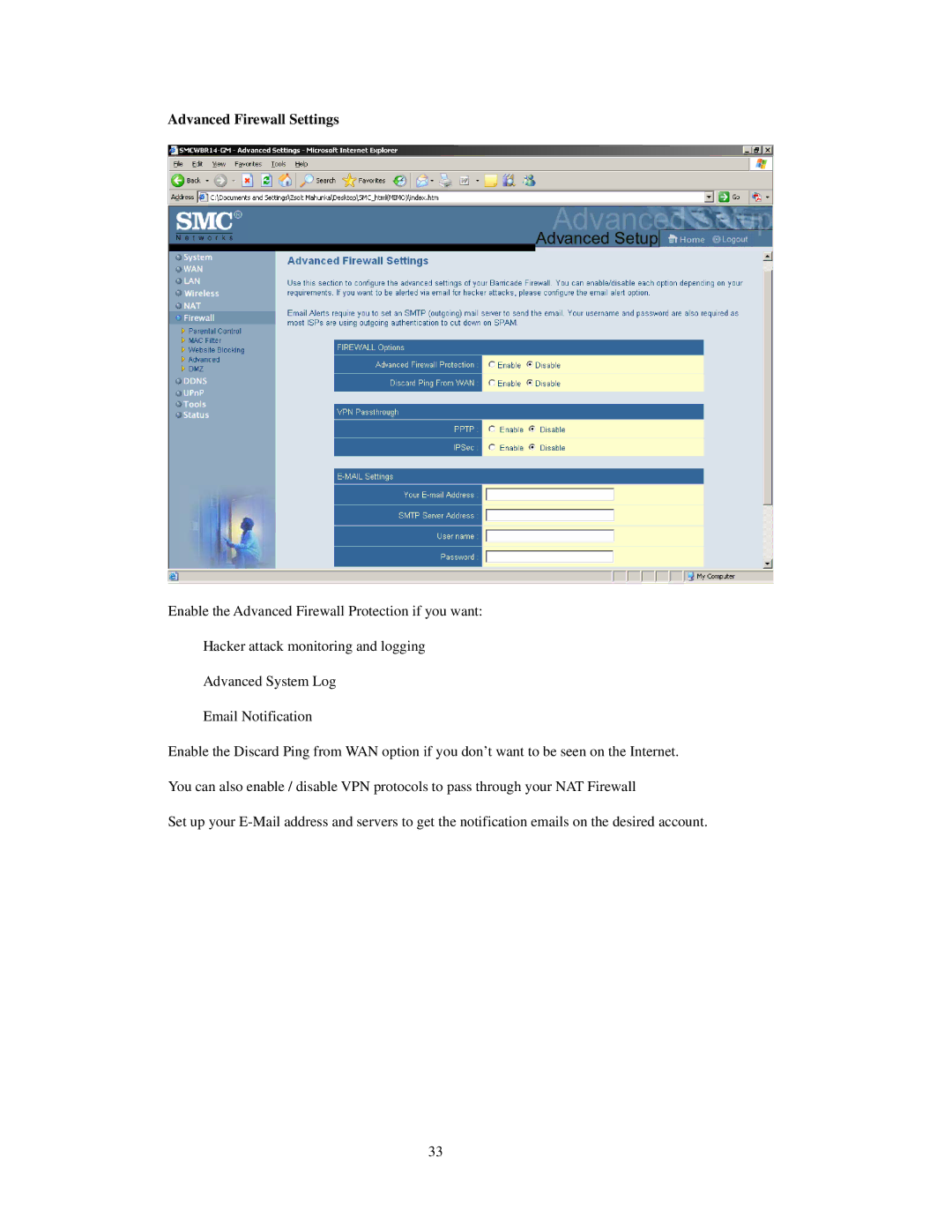 SMC Networks SMCWBR 14-GM manual Advanced Firewall Settings 