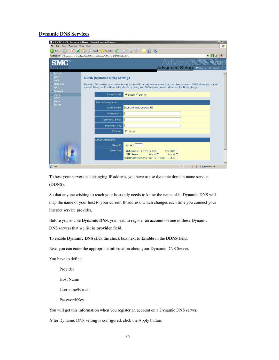 SMC Networks SMCWBR 14-GM manual Dynamic DNS Services 