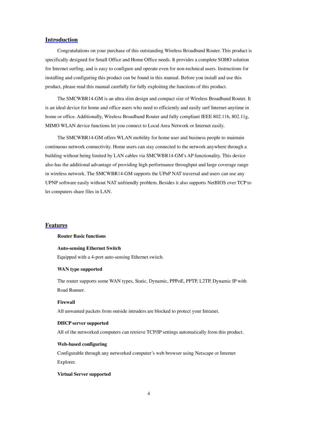 SMC Networks SMCWBR 14-GM manual Introduction, Features 