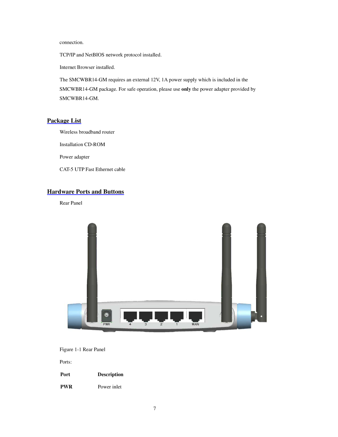 SMC Networks SMCWBR 14-GM manual Package List, Hardware Ports and Buttons, Port Description 