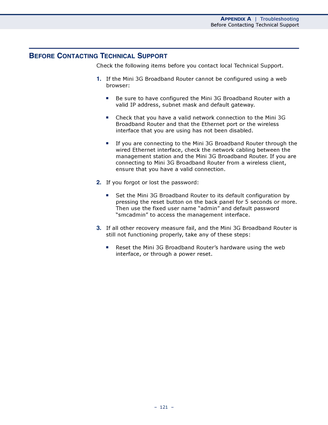 SMC Networks SMCWBR11S-3GN manual Before Contacting Technical Support 