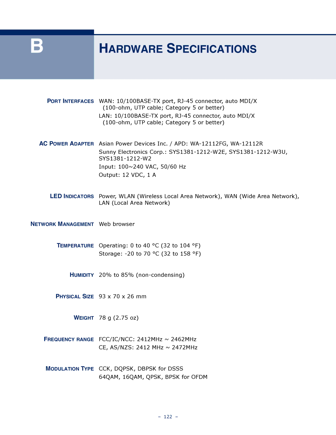 SMC Networks SMCWBR11S-3GN manual Hardware Specifications 