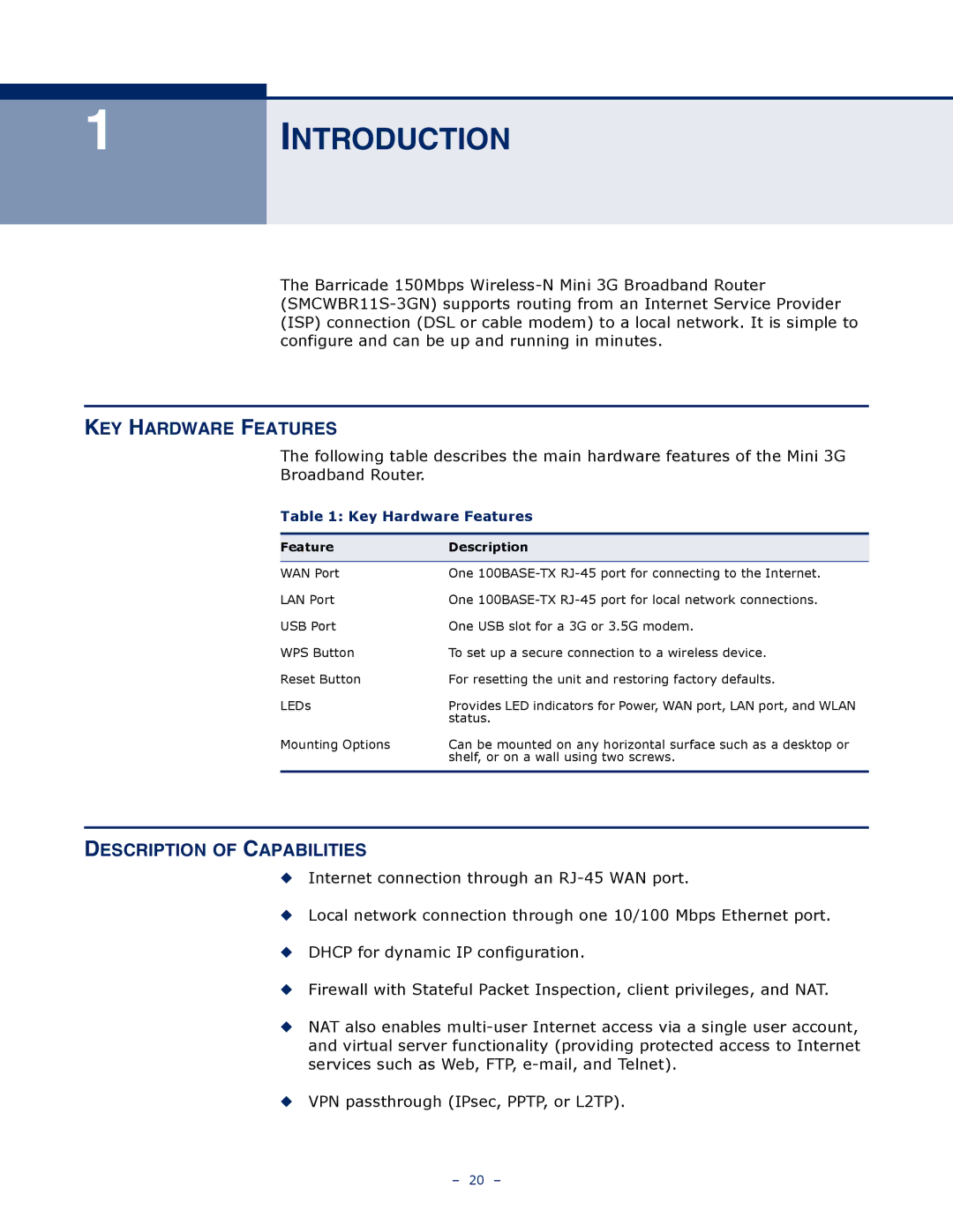 SMC Networks SMCWBR11S-3GN manual Introduction, KEY Hardware Features, Description of Capabilities 