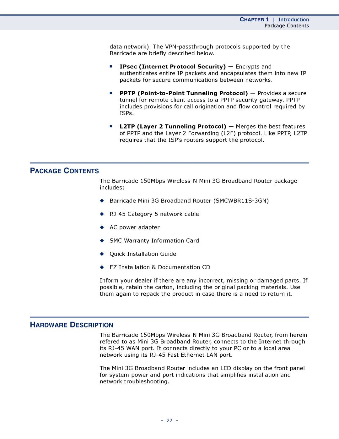 SMC Networks SMCWBR11S-3GN manual Package Contents, Hardware Description 