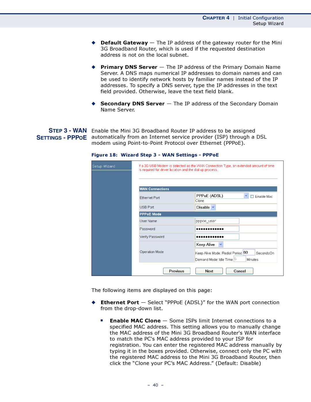 SMC Networks SMCWBR11S-3GN manual Settings Pppoe, Wizard WAN Settings PPPoE 