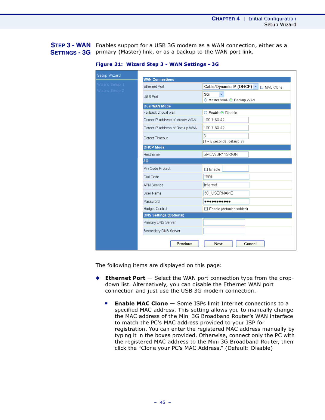 SMC Networks SMCWBR11S-3GN manual Wizard WAN Settings 3G 