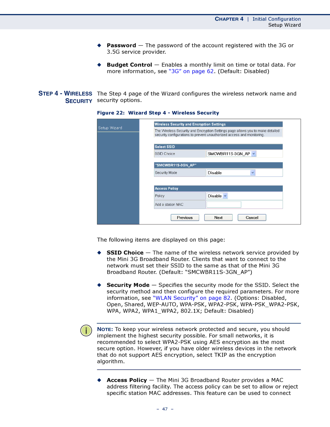 SMC Networks SMCWBR11S-3GN manual Wizard Wireless Security 