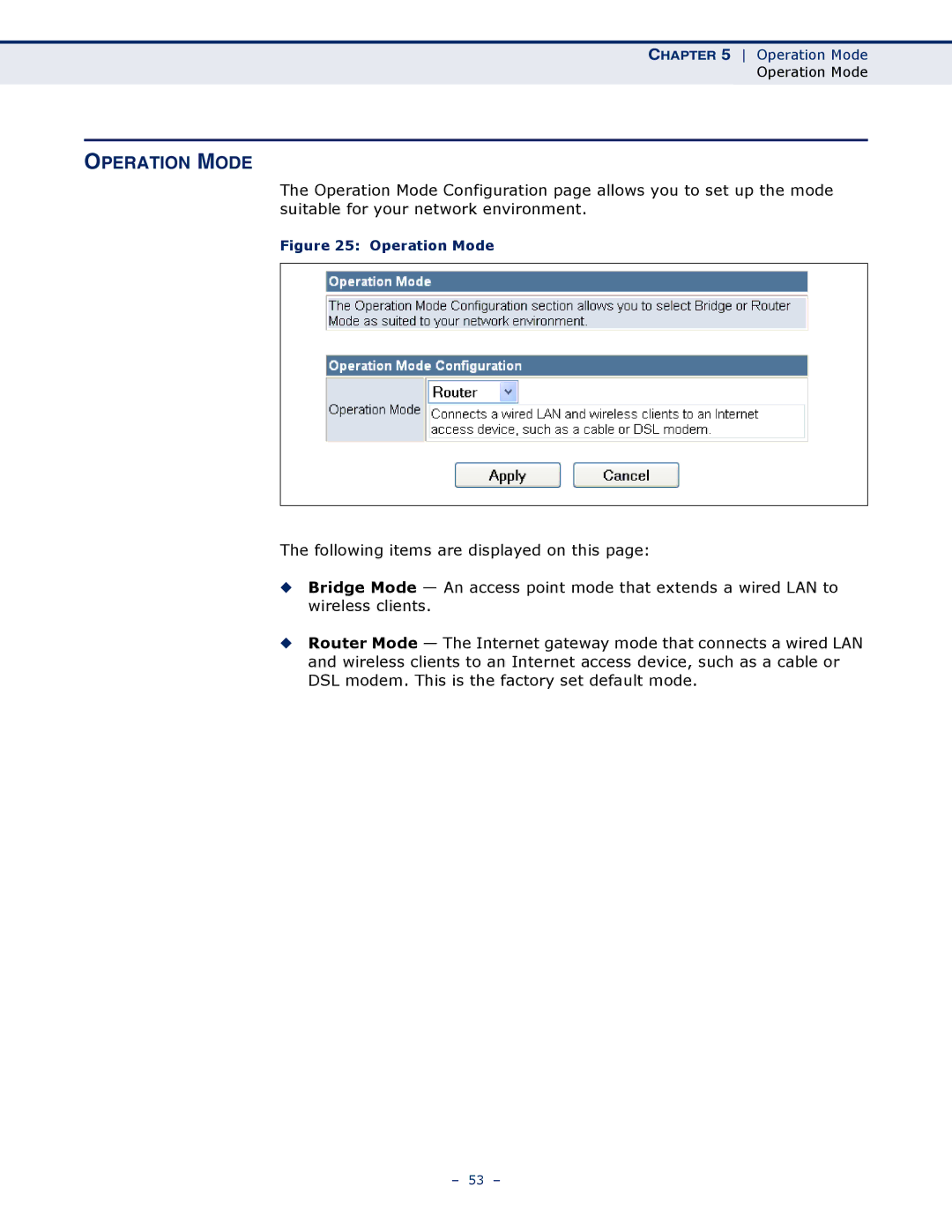 SMC Networks SMCWBR11S-3GN manual Operation Mode 