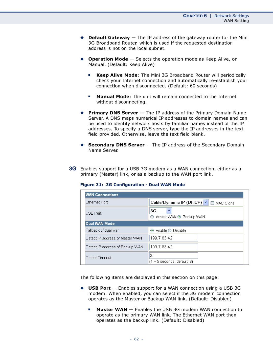 SMC Networks SMCWBR11S-3GN manual 3G Configuration Dual WAN Mode 