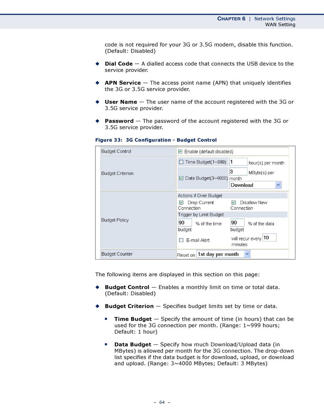 SMC Networks SMCWBR11S-3GN manual 3G Configuration Budget Control 