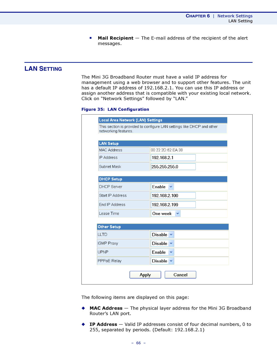 SMC Networks SMCWBR11S-3GN manual LAN Setting, LAN Configuration 