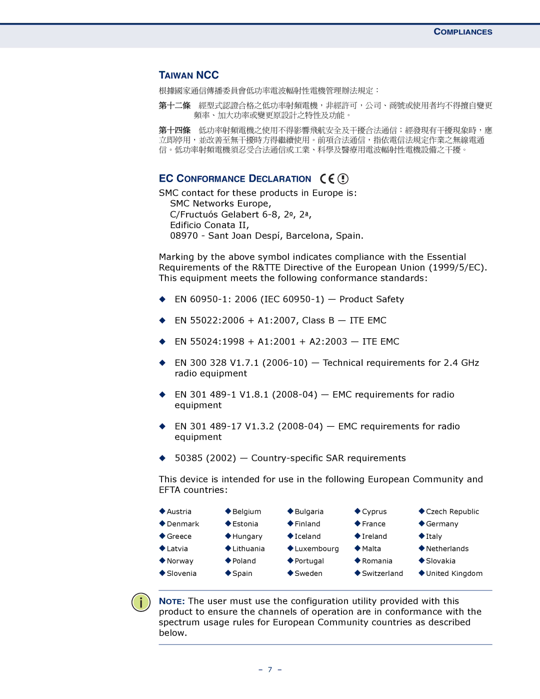 SMC Networks SMCWBR11S-3GN manual Taiwan NCC, EC Conformance Declaration 