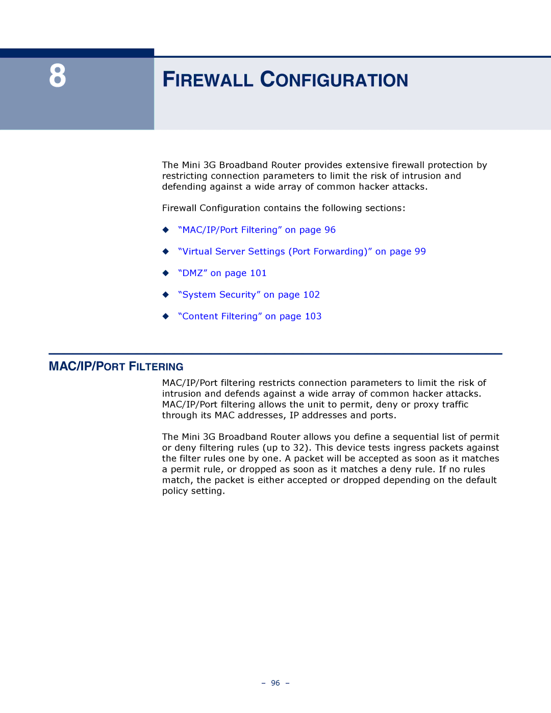 SMC Networks SMCWBR11S-3GN manual Firewall Configuration, MAC/IP/PORT Filtering 