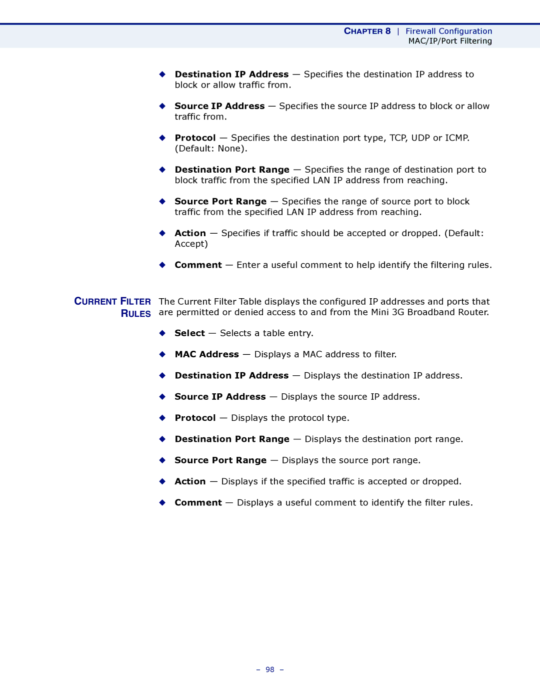 SMC Networks SMCWBR11S-3GN manual Current Filter Rules 