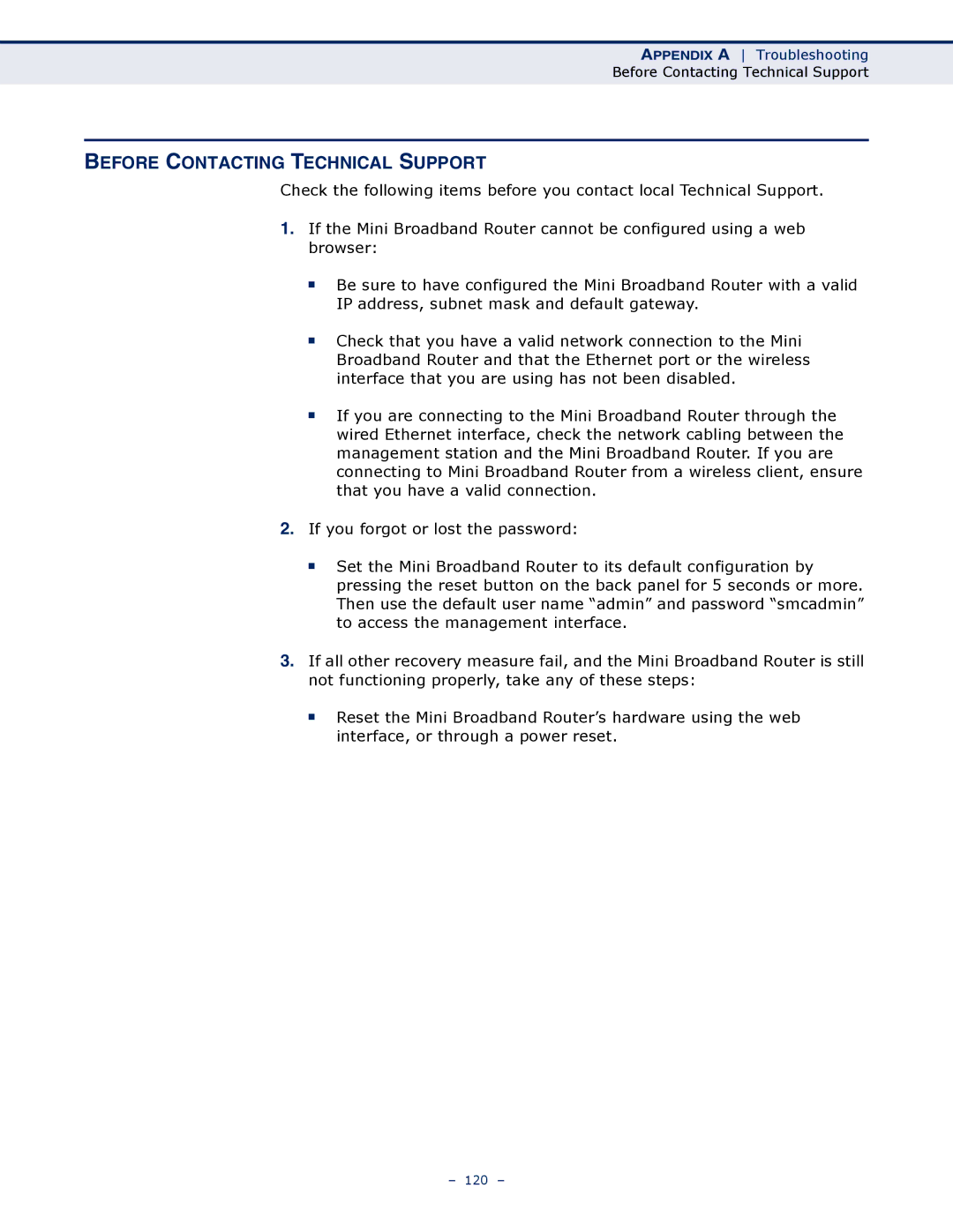 SMC Networks SMCWBR11S-N manual Before Contacting Technical Support 