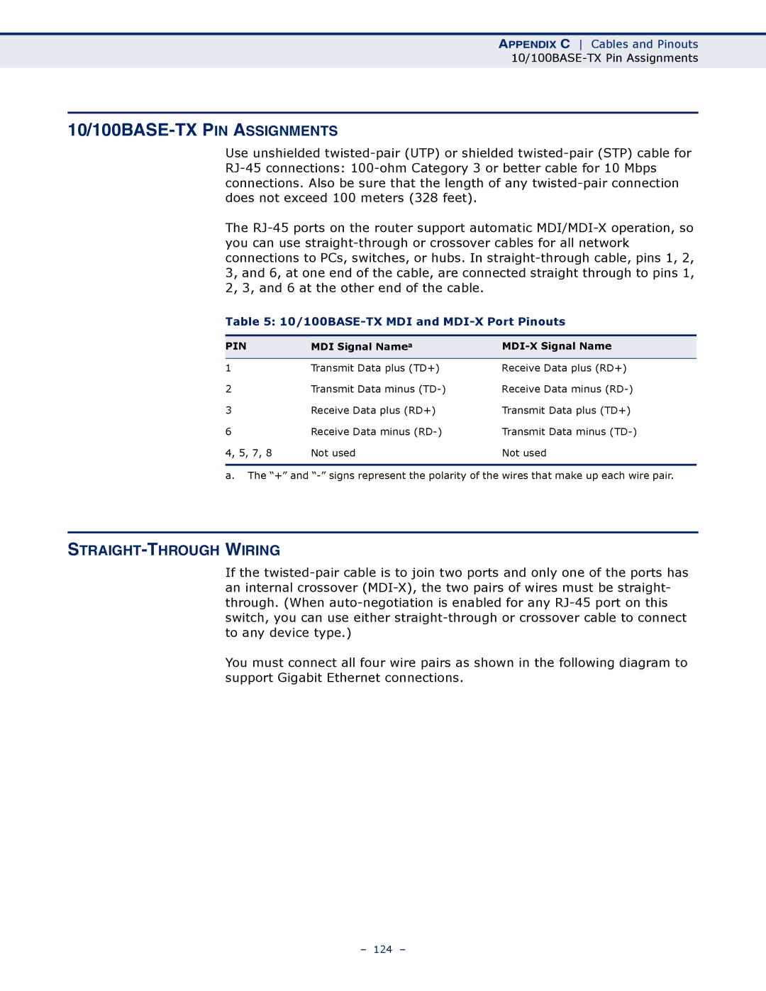 SMC Networks SMCWBR11S-N manual 10/100BASE-TX PIN Assignments, STRAIGHT-THROUGH Wiring 