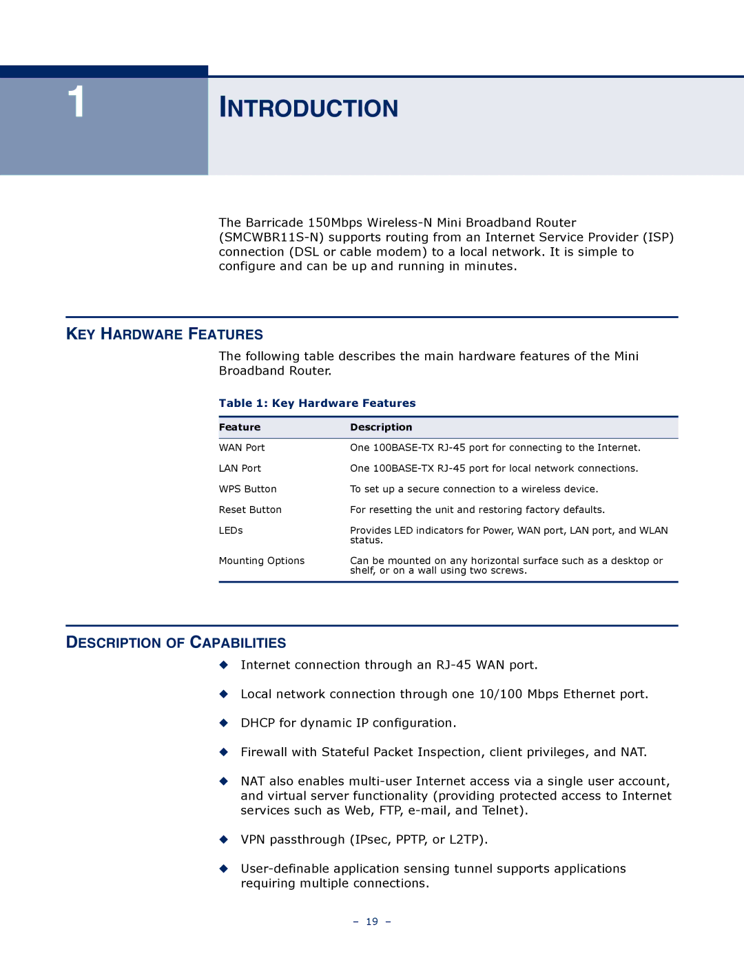 SMC Networks SMCWBR11S-N manual Introduction, KEY Hardware Features, Description of Capabilities 