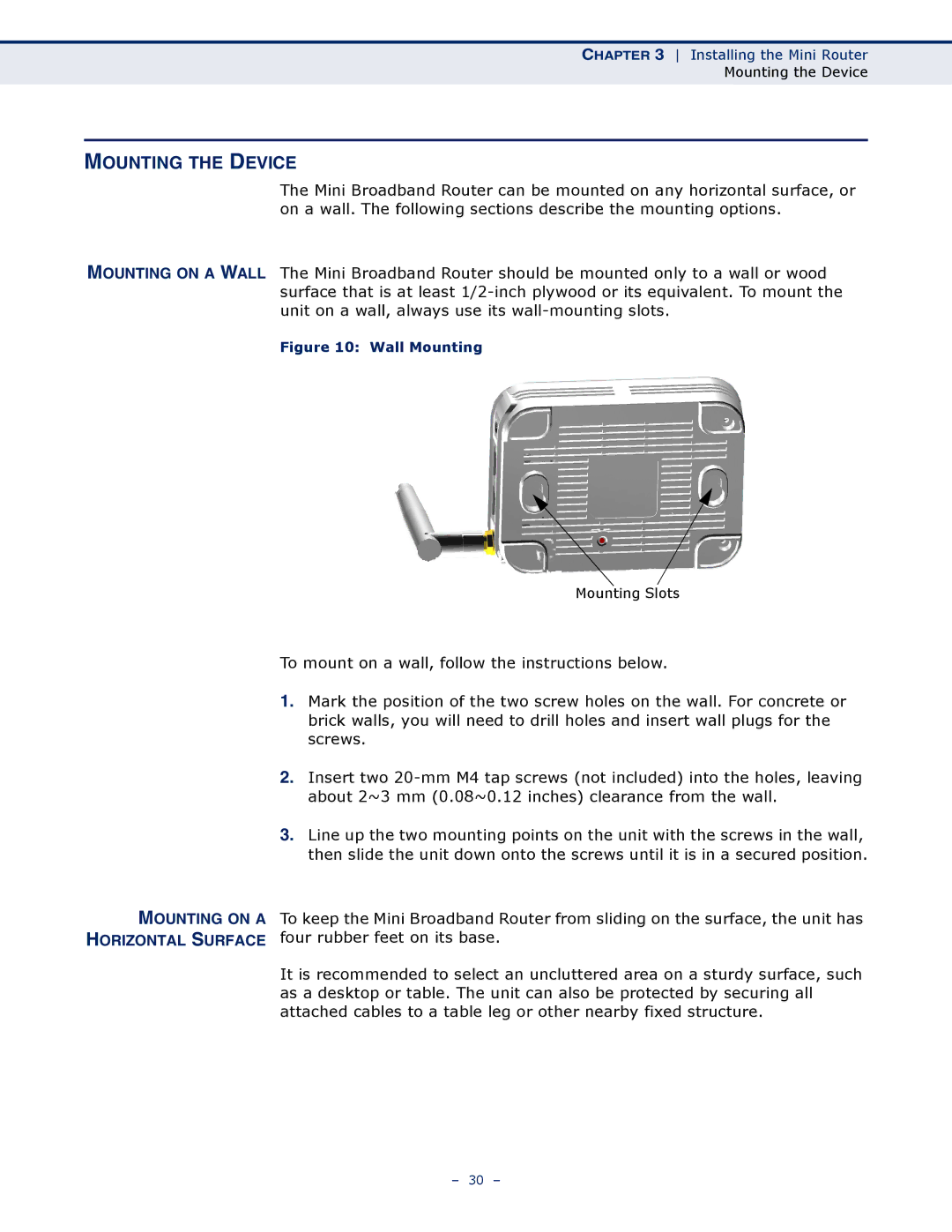 SMC Networks SMCWBR11S-N manual Mounting the Device, Mounting on a Horizontal Surface 