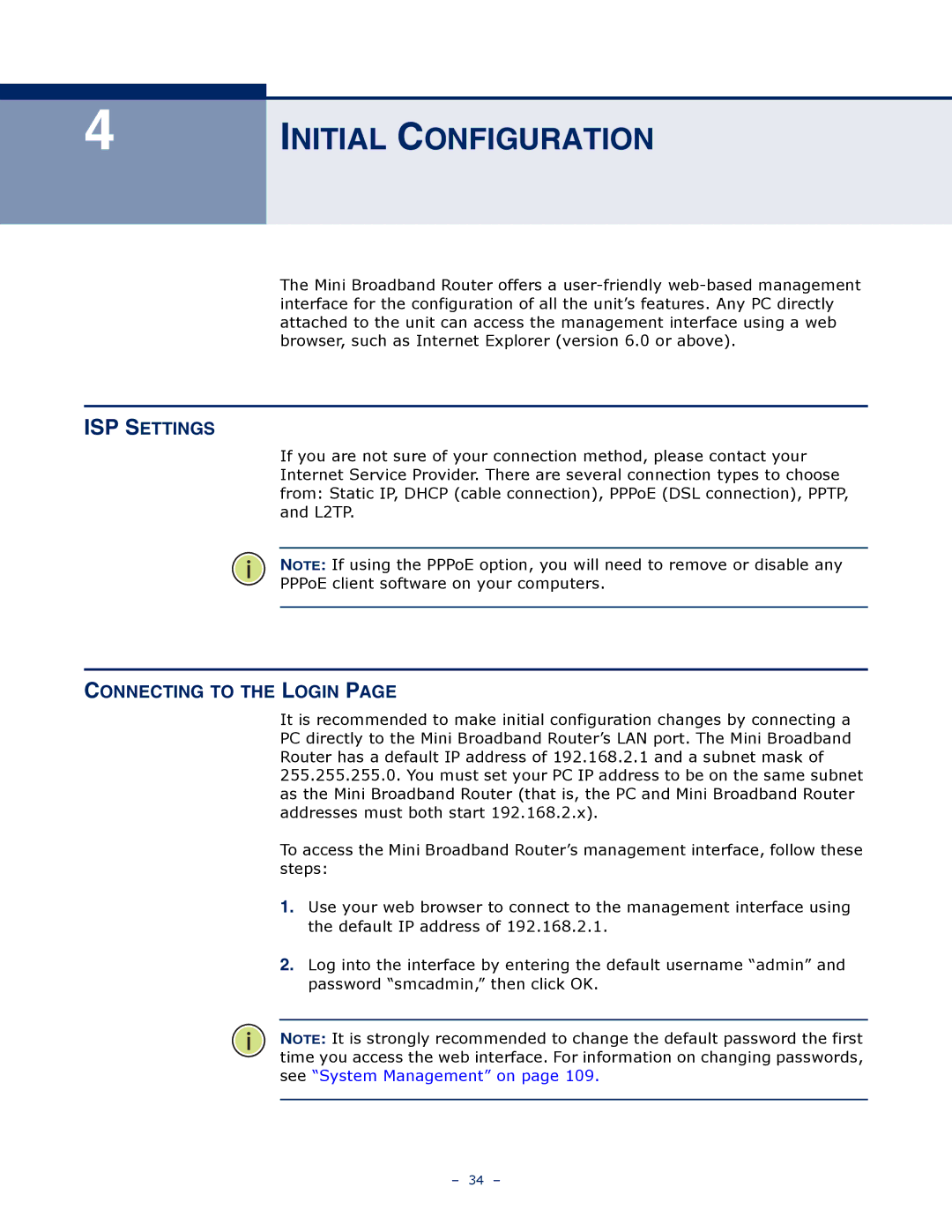 SMC Networks SMCWBR11S-N manual Initial Configuration, ISP Settings, Connecting to the Login 