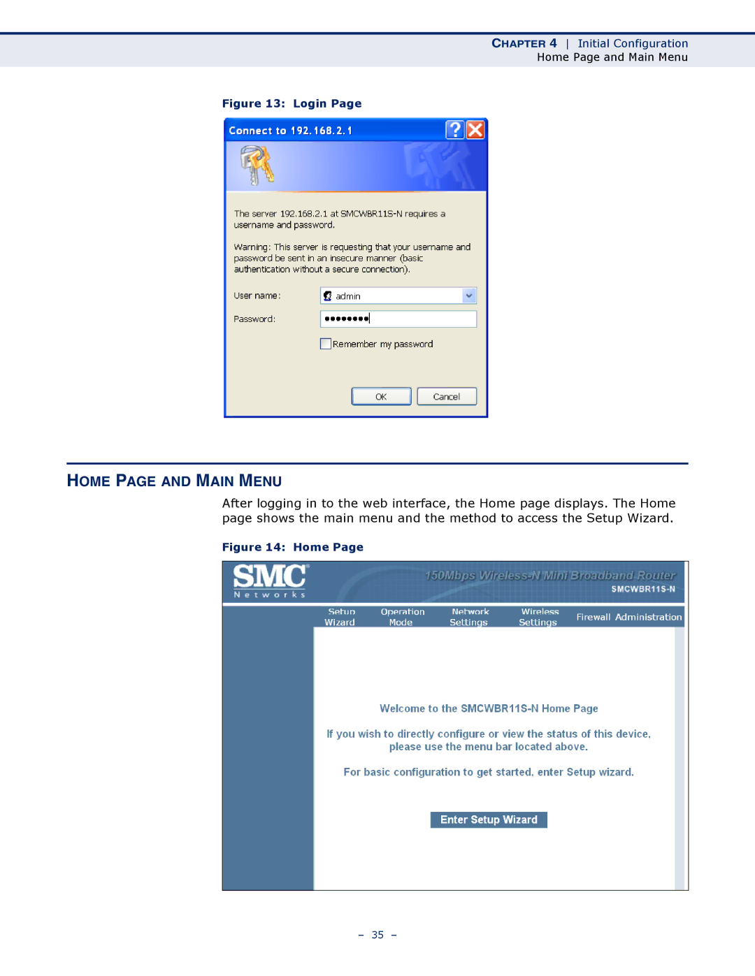 SMC Networks SMCWBR11S-N manual Home page and Main Menu, Login 