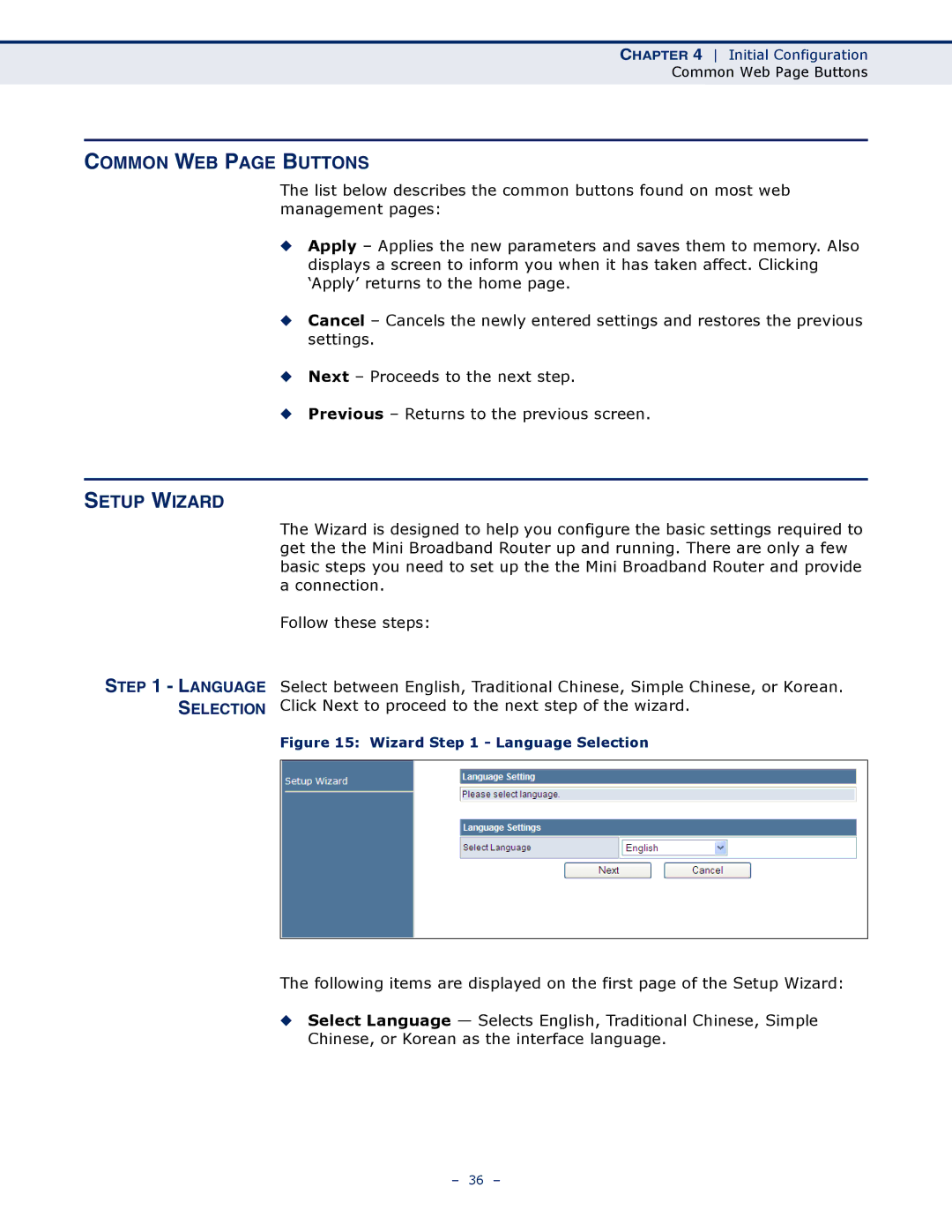 SMC Networks SMCWBR11S-N manual Common WEB page Buttons, Setup Wizard 