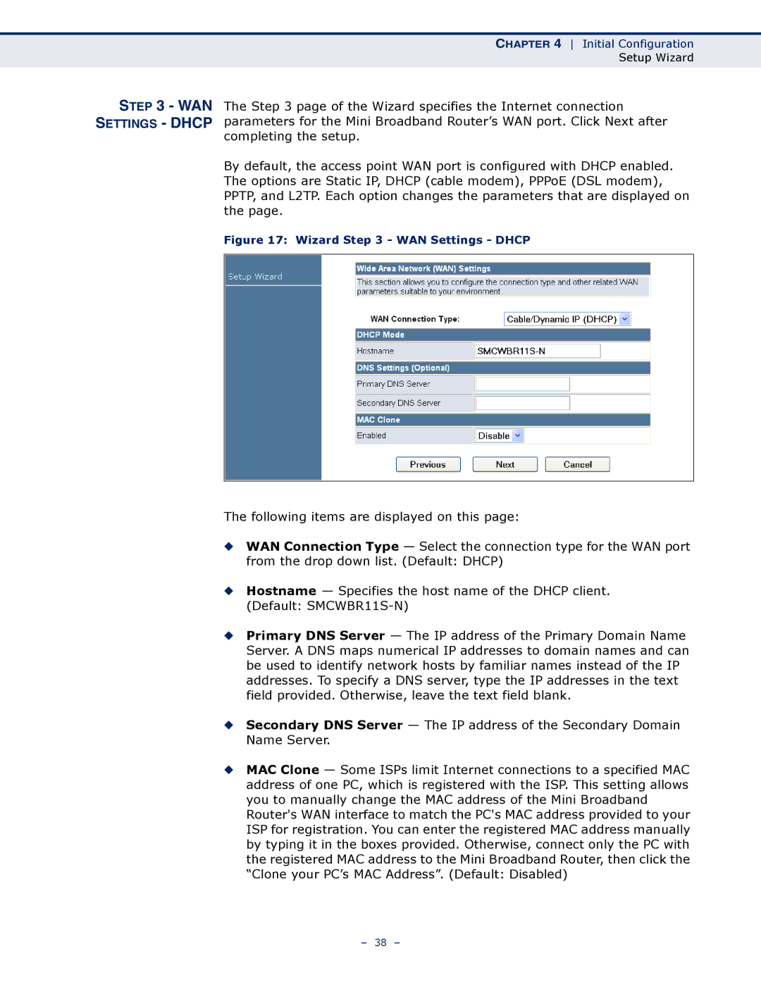 SMC Networks SMCWBR11S-N manual Wan, Settings Dhcp 