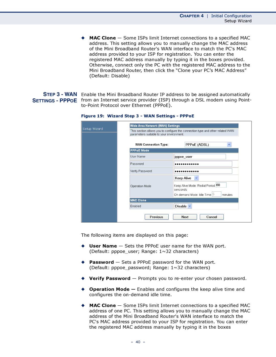 SMC Networks SMCWBR11S-N manual Settings Pppoe, Wizard WAN Settings PPPoE 