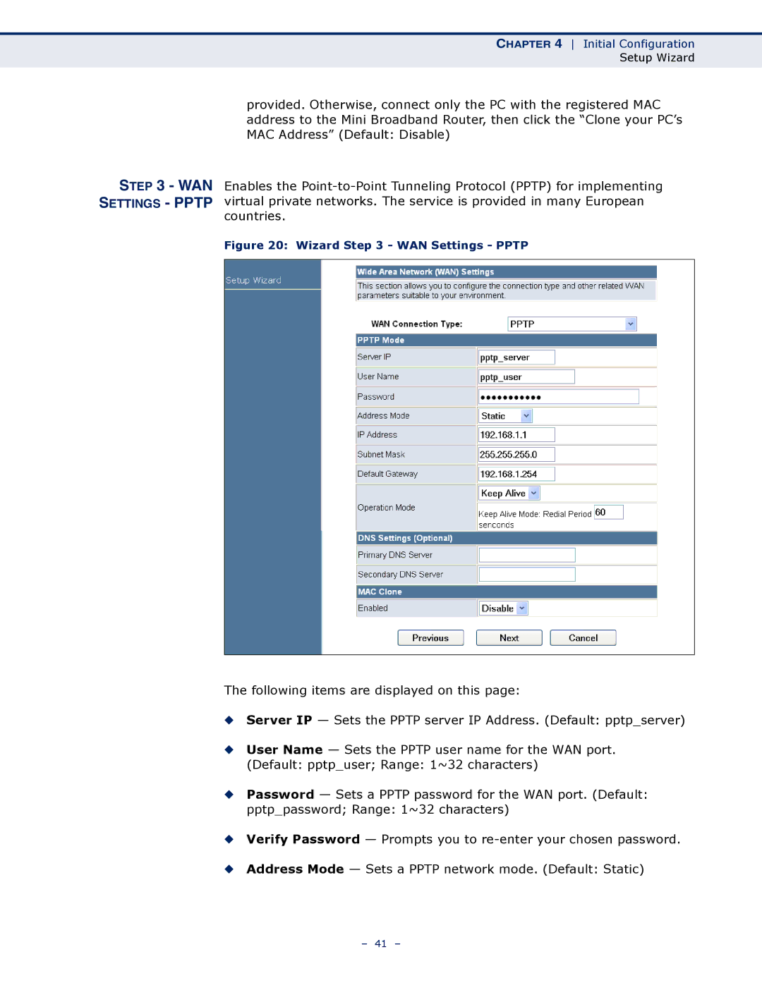 SMC Networks SMCWBR11S-N manual Wizard WAN Settings Pptp 