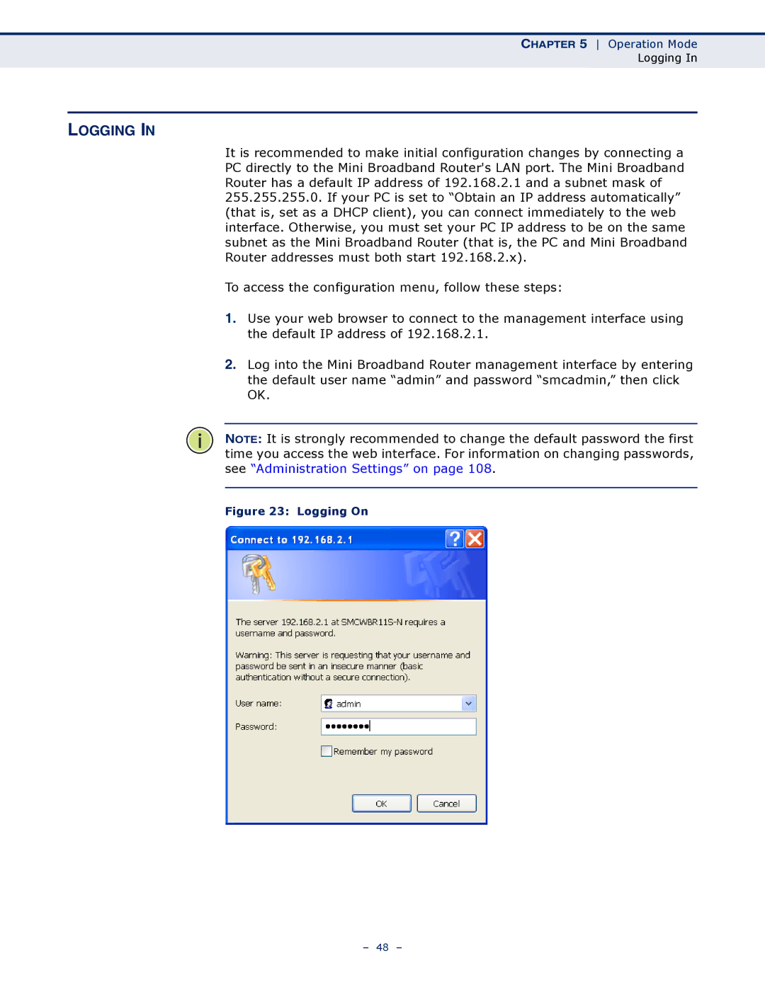 SMC Networks SMCWBR11S-N manual Logging On 