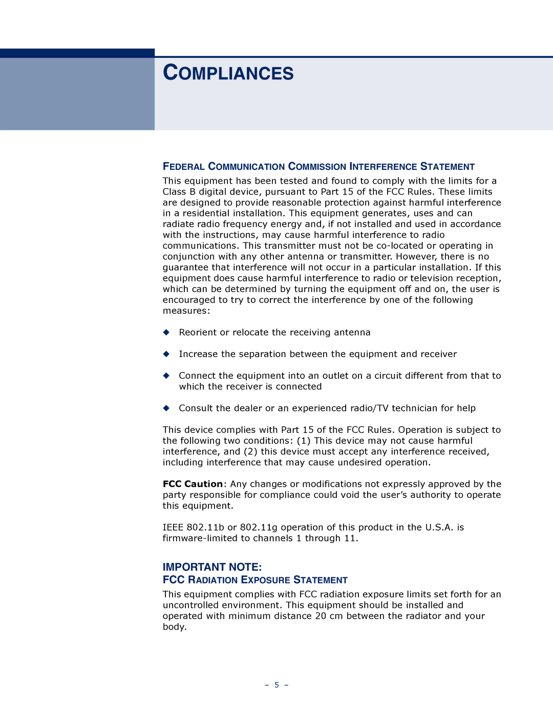 SMC Networks SMCWBR11S-N manual Compliances, Federal Communication Commission Interference Statement 