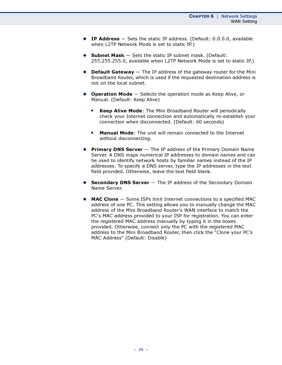 SMC Networks SMCWBR11S-N manual Network Settings 