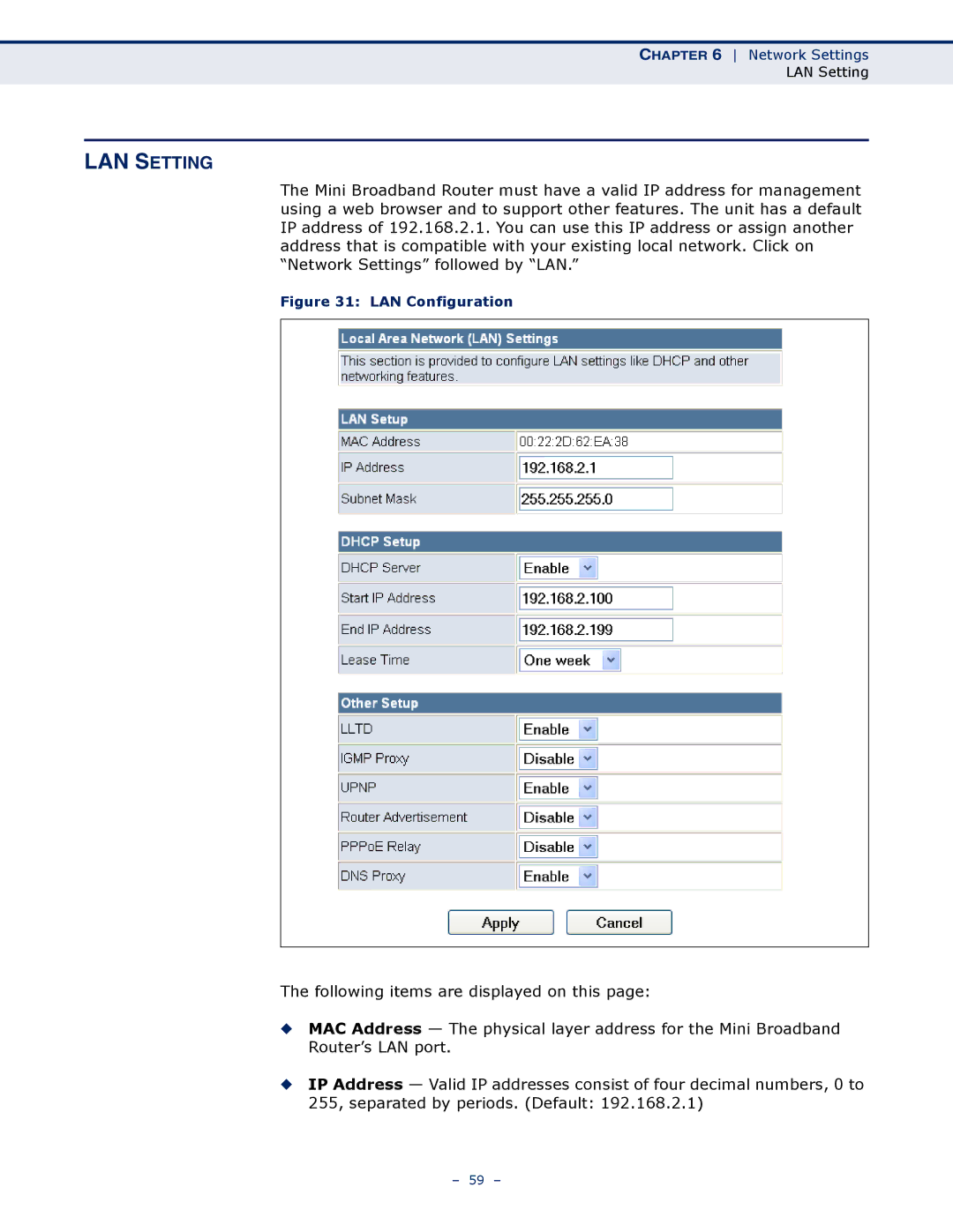 SMC Networks SMCWBR11S-N manual LAN Setting, LAN Configuration 