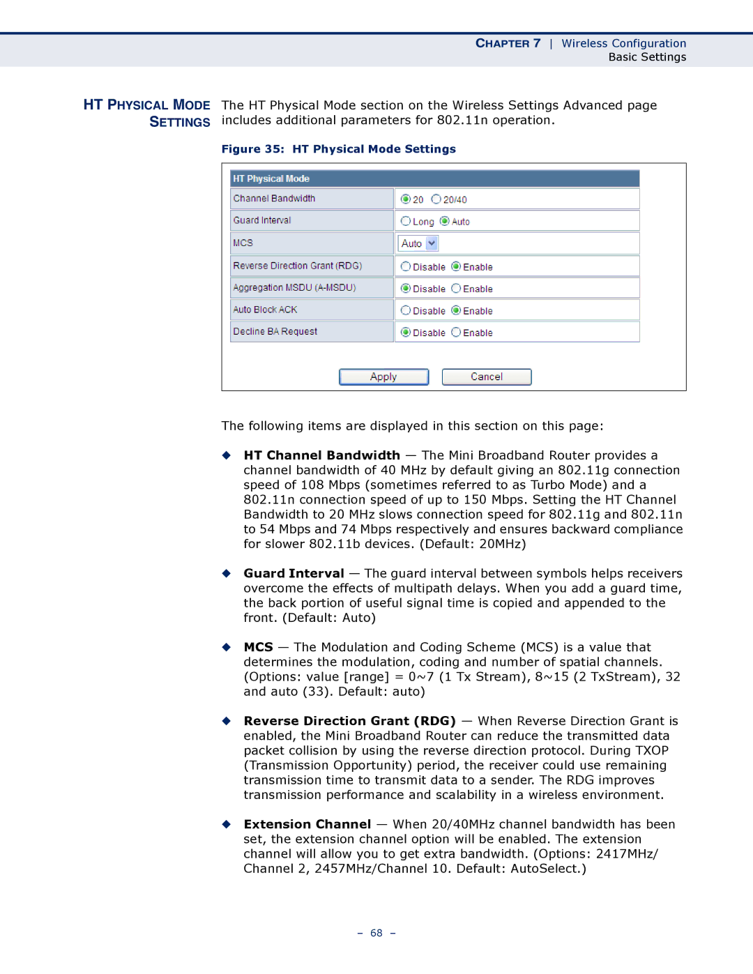 SMC Networks SMCWBR11S-N manual HT Physical Mode Settings 