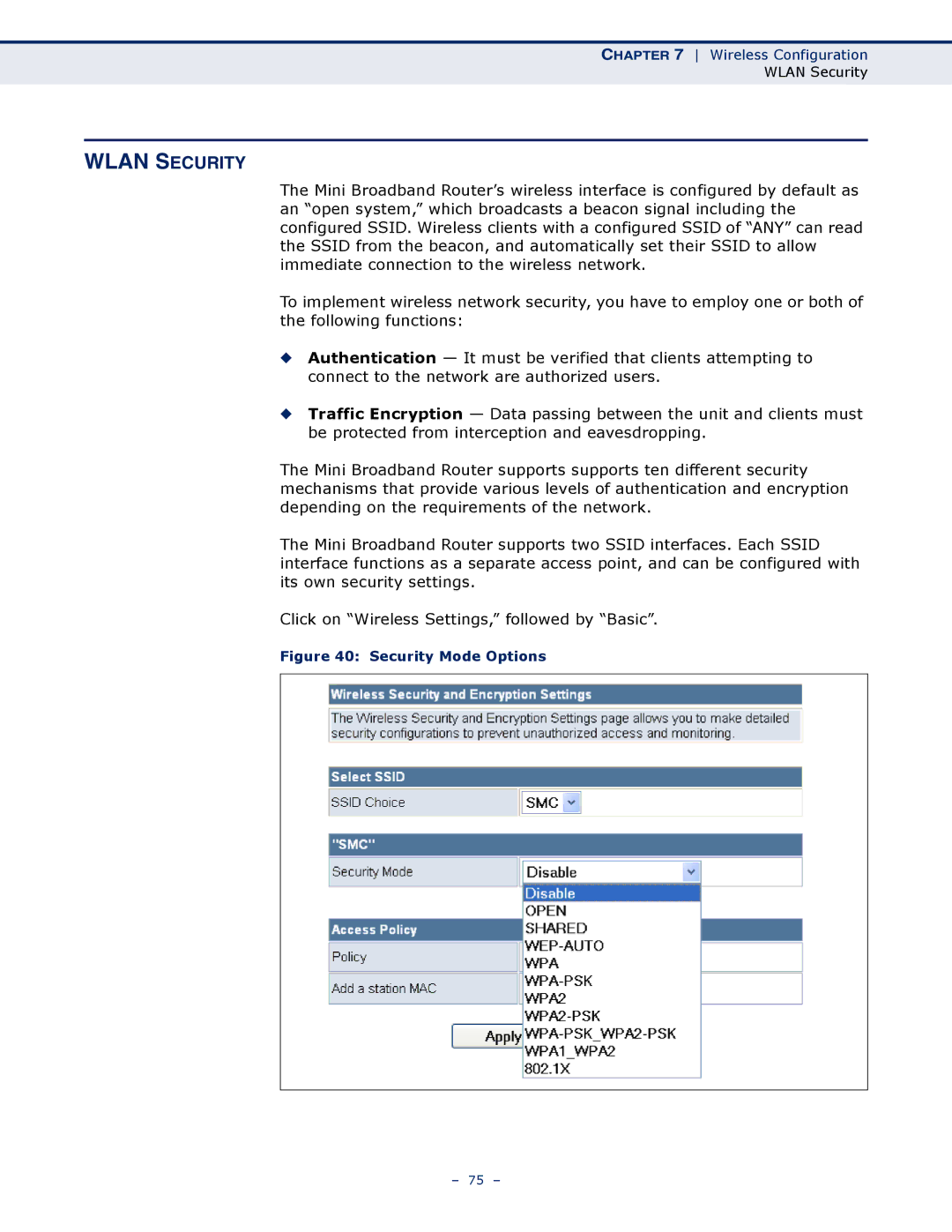 SMC Networks SMCWBR11S-N manual Wlan Security, Security Mode Options 