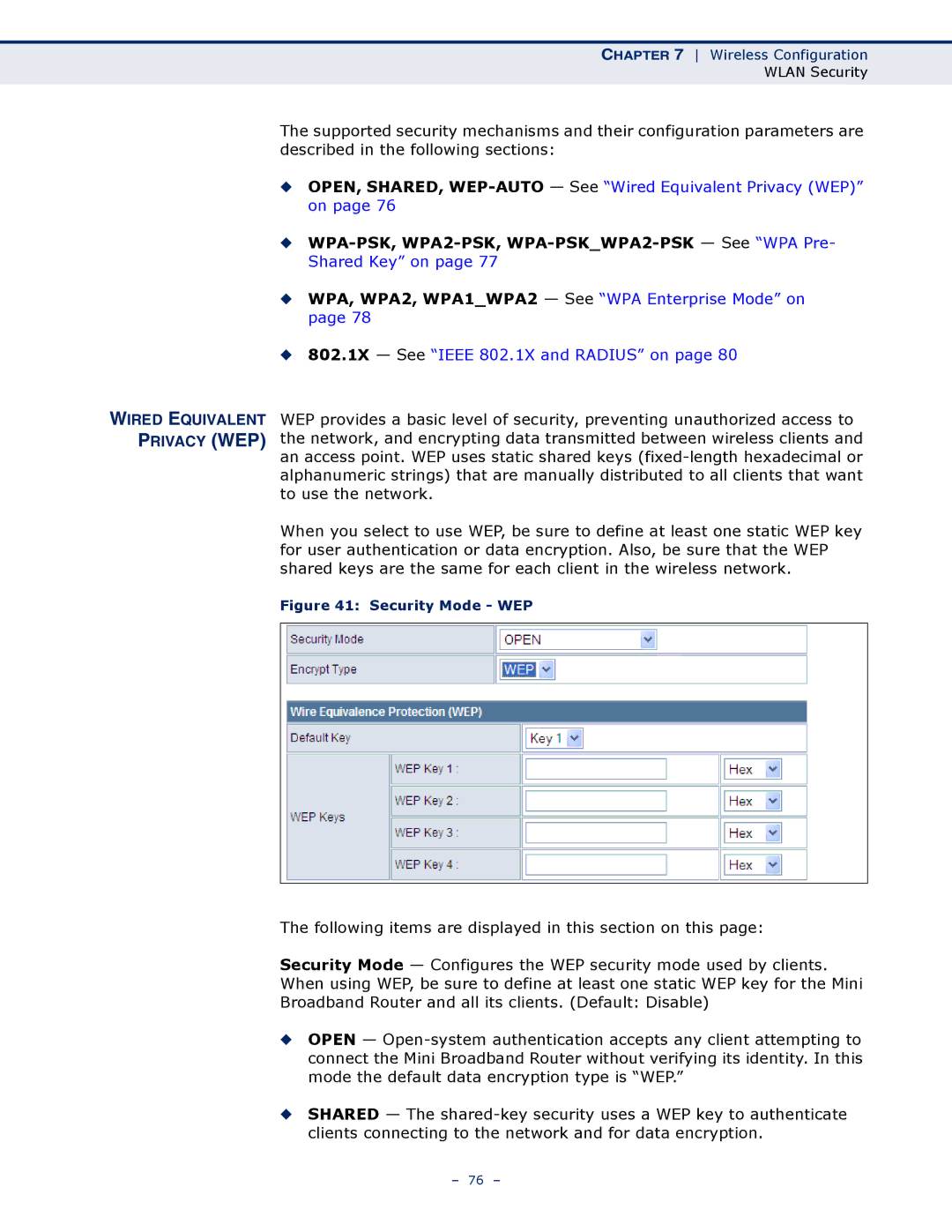 SMC Networks SMCWBR11S-N manual Wired Equivalent Privacy WEP, Security Mode WEP 