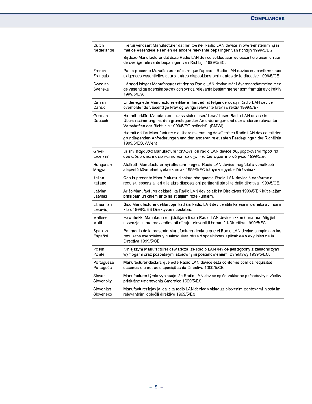 SMC Networks SMCWBR11S-N manual De overige relevante bepalingen van Richtlijn 1999/5/EC 