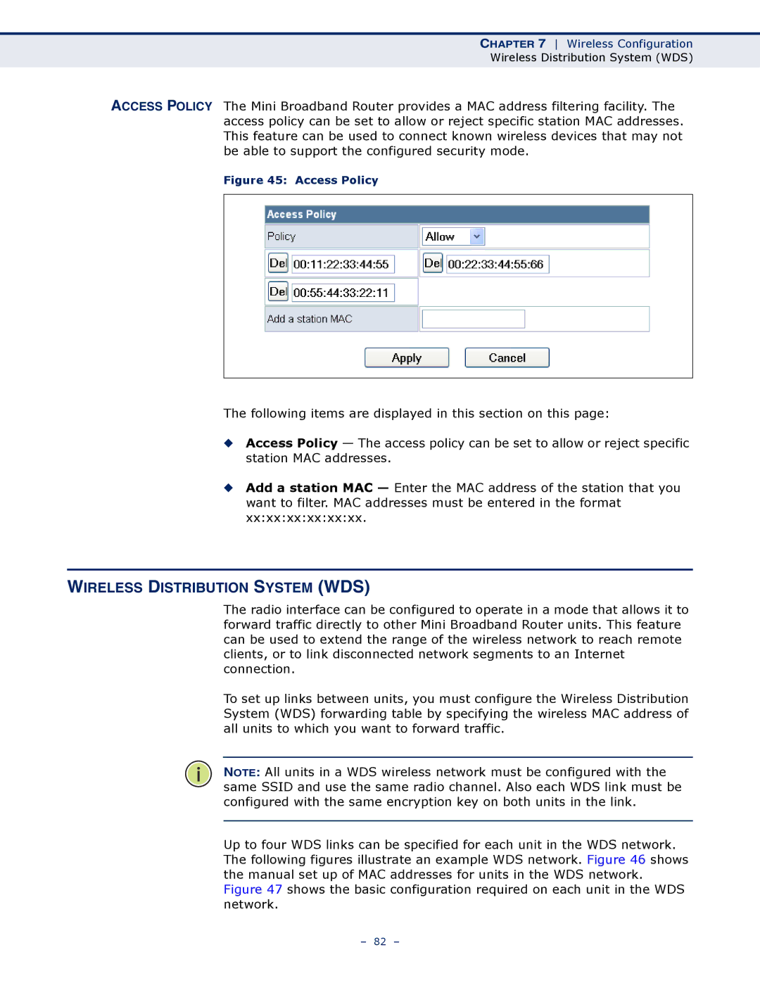 SMC Networks SMCWBR11S-N manual Wireless Distribution System WDS, Access Policy 