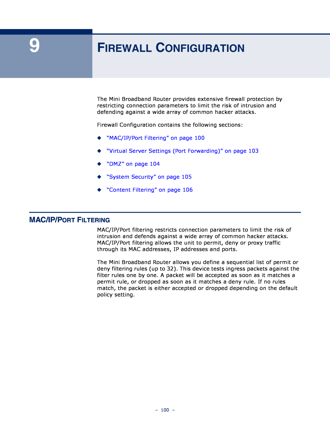 SMC Networks SMCWBR11S-N manual Firewall Configuration, Mac/Ip/Port Filtering, “MAC/IP/Port Filtering” on page 
