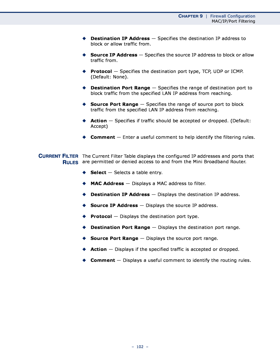 SMC Networks SMCWBR11S-N manual Current Filter Rules 