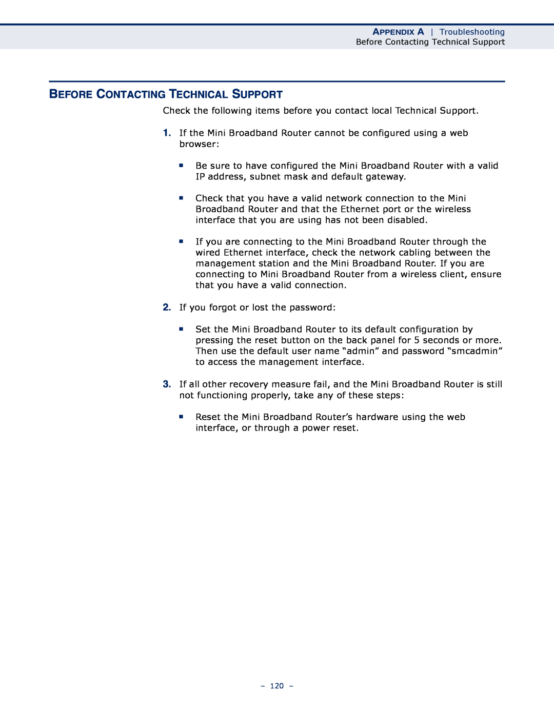 SMC Networks SMCWBR11S-N manual Before Contacting Technical Support 