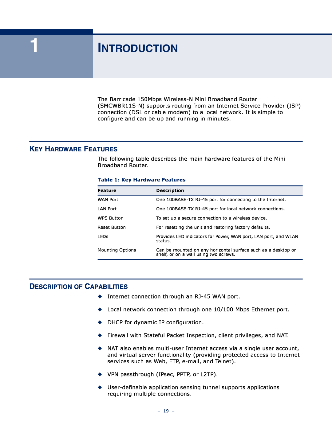 SMC Networks SMCWBR11S-N manual Introduction, Key Hardware Features, Description Of Capabilities 