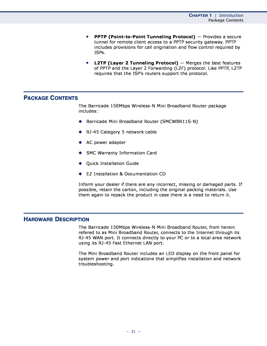 SMC Networks SMCWBR11S-N manual Package Contents, Hardware Description 