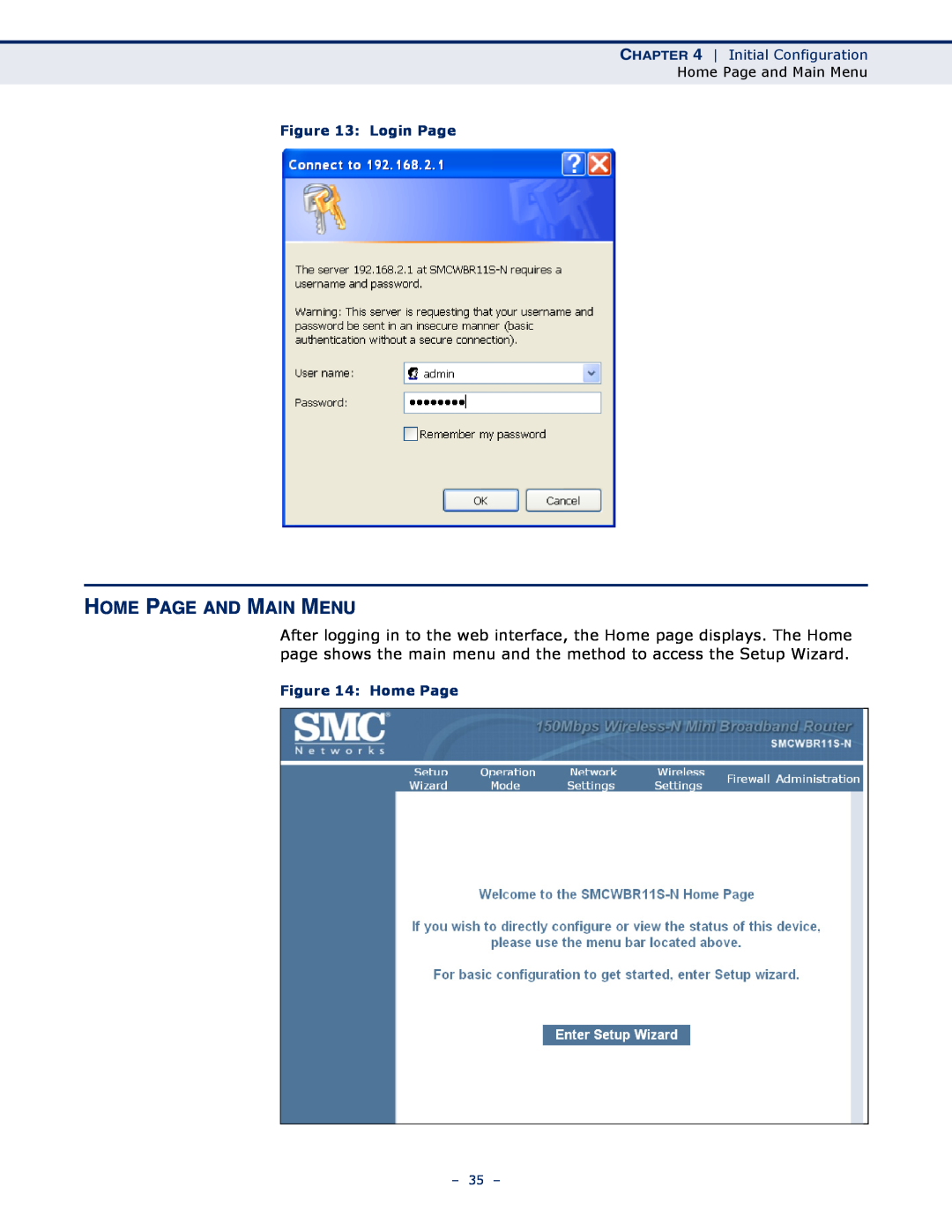 SMC Networks SMCWBR11S-N manual Home Page And Main Menu, Initial Configuration, Login Page 