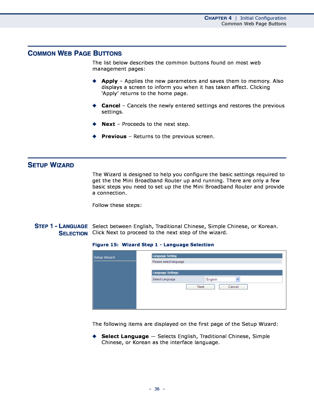 SMC Networks SMCWBR11S-N manual Common Web Page Buttons, Setup Wizard 
