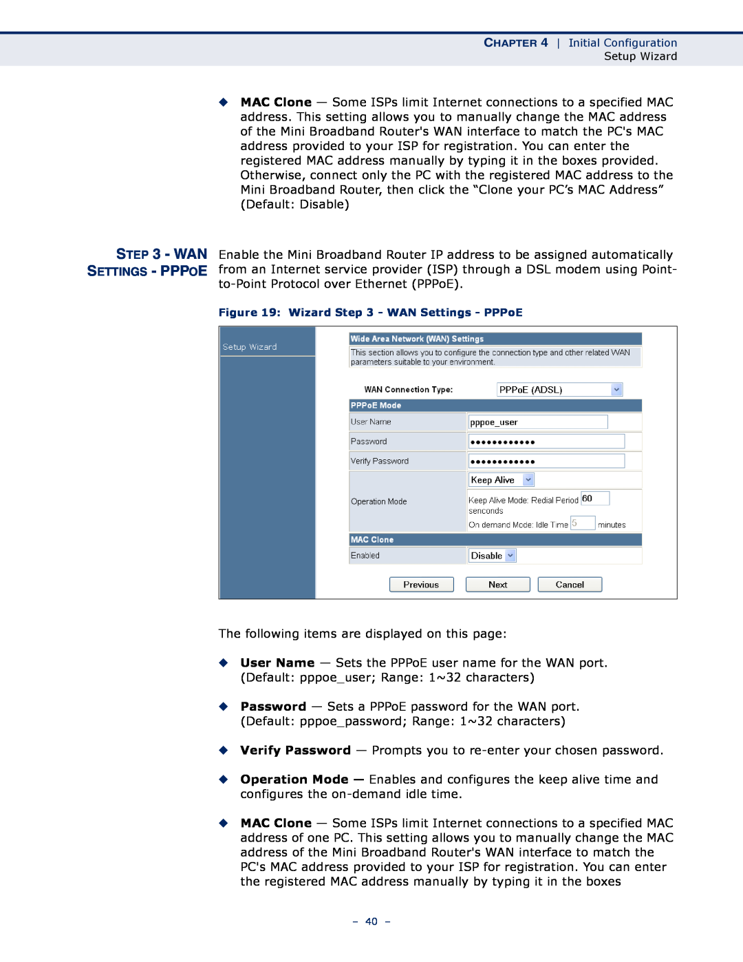 SMC Networks SMCWBR11S-N manual Settings - Pppoe, Wan, Wizard - WAN Settings - PPPoE 