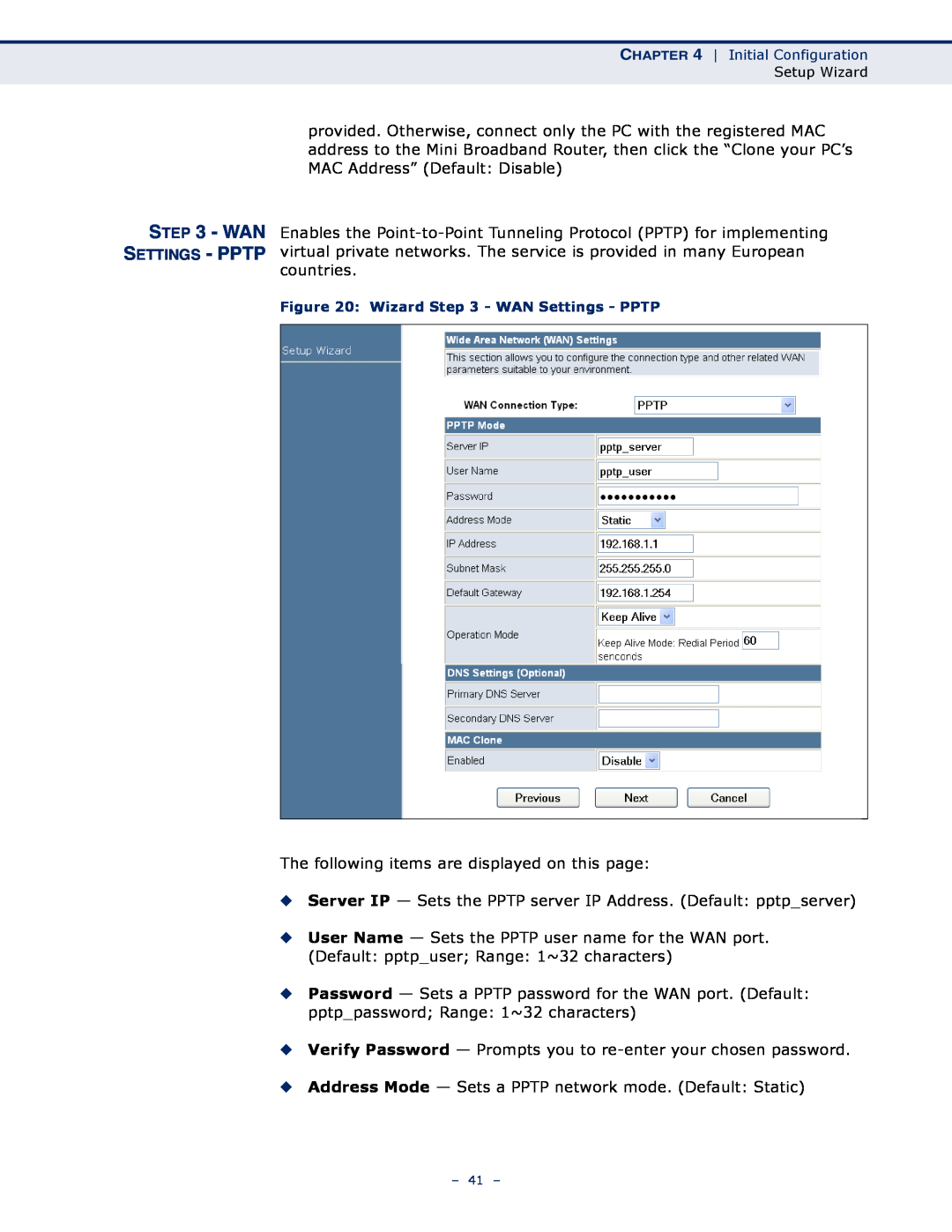 SMC Networks SMCWBR11S-N manual Settings - Pptp, Wan, Wizard - WAN Settings - PPTP 