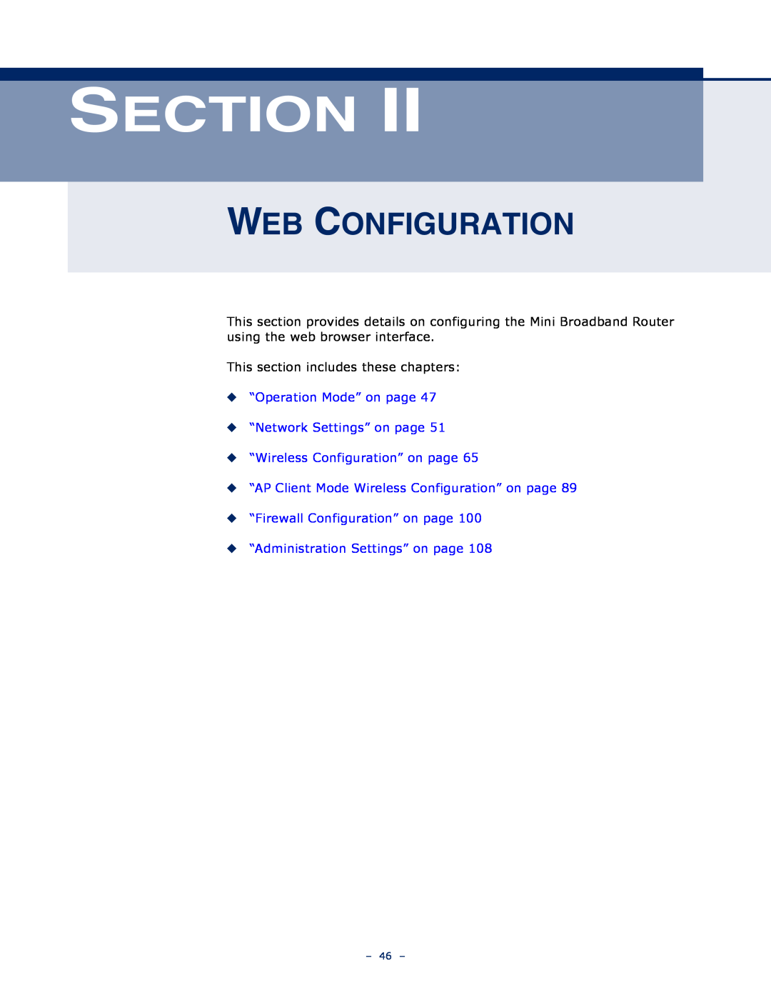 SMC Networks SMCWBR11S-N manual Web Configuration, “Operation Mode” on page “Network Settings” on page, Section 