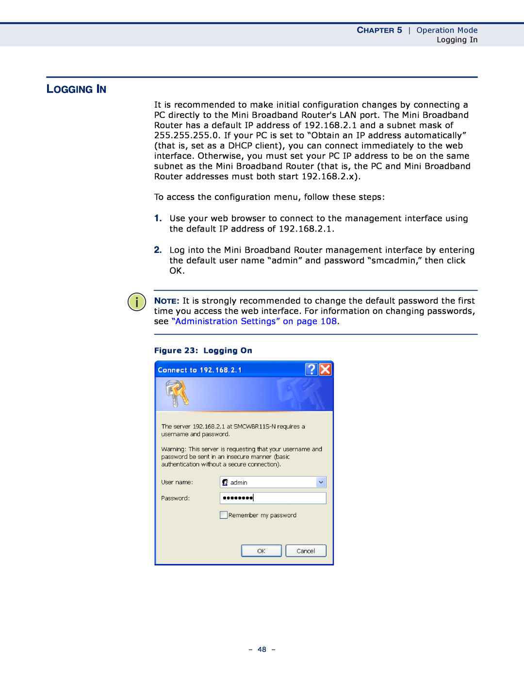 SMC Networks SMCWBR11S-N manual Logging In, Logging On 